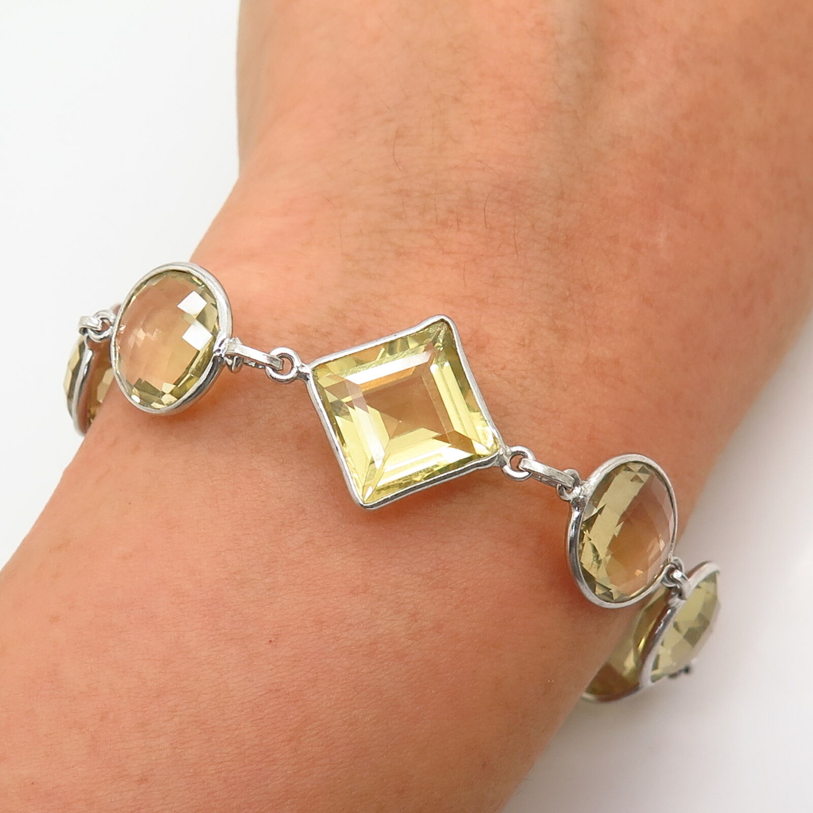 Sterling Silver Lemon Citrine Gemstone Link Bracelet