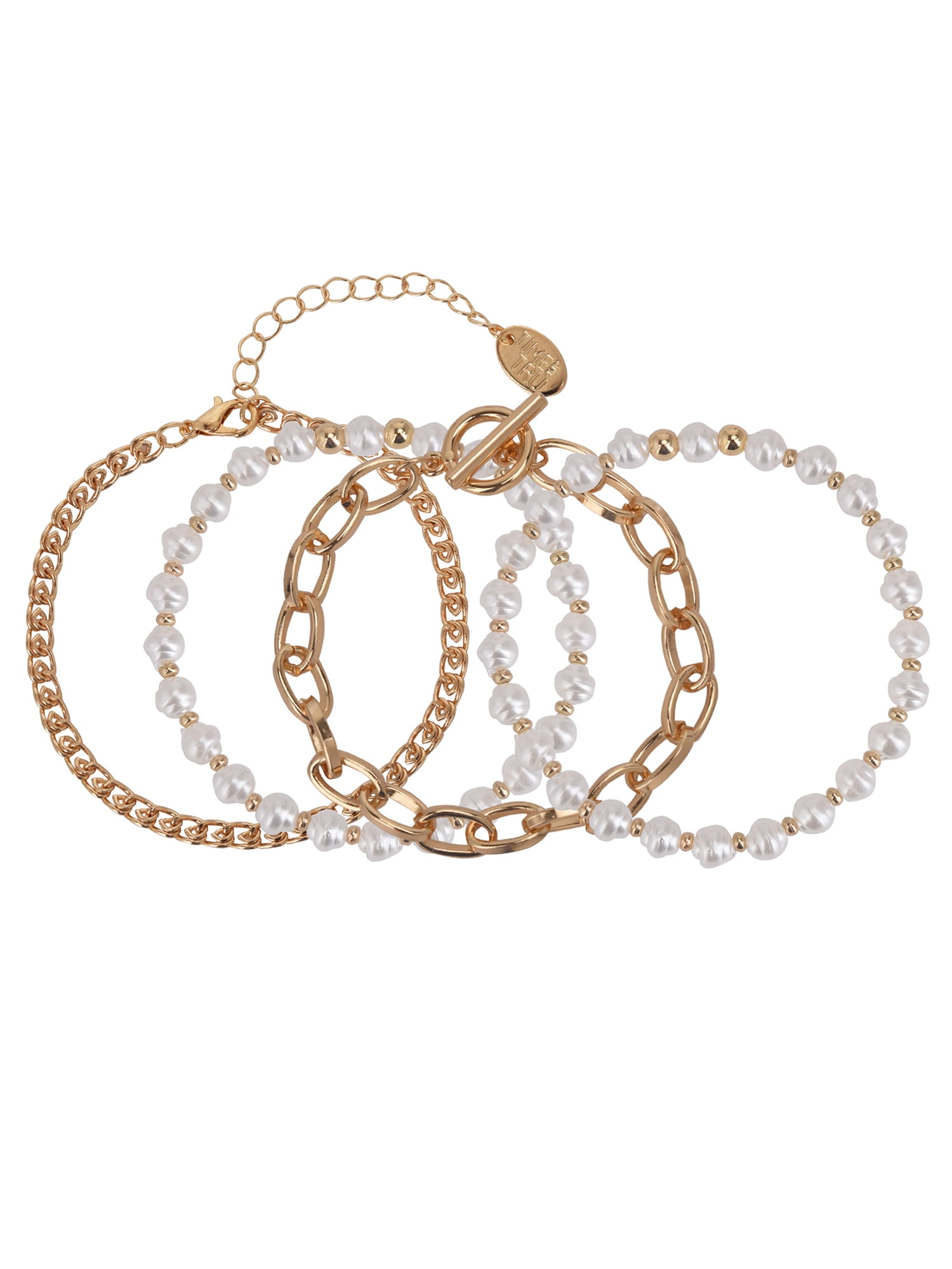 Gold Tone and Faux Pearl Bracelet Set, 4-Piece