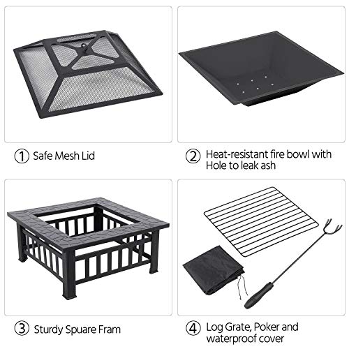 Yaheetech 32in Square Metal Fire Pit Table: Multifunctional
