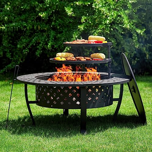 PAPABABE 42" Outdoor Fire Pit with 2 Grill