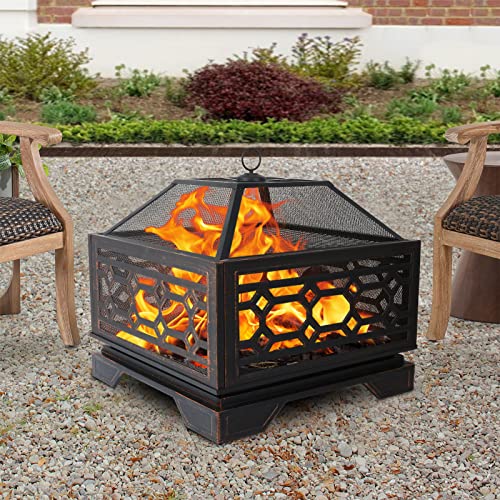 Hykolity 26" Outdoor Fire Pit Square with Cooking Grate
