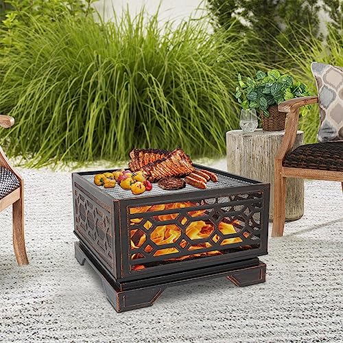 Hykolity 26" Outdoor Fire Pit Square with Cooking Grate