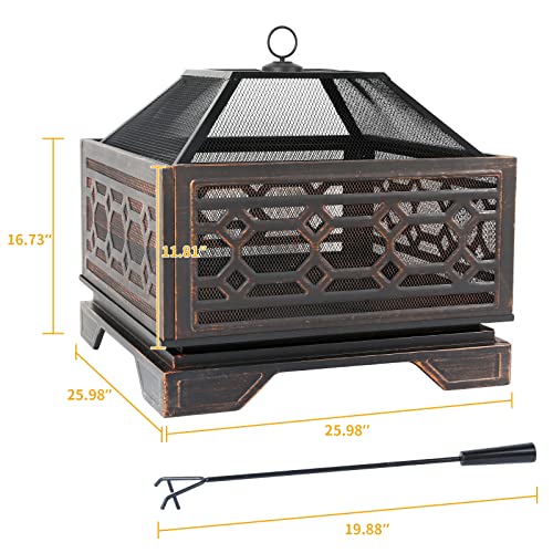 Hykolity 26" Outdoor Fire Pit Square with Cooking Grate