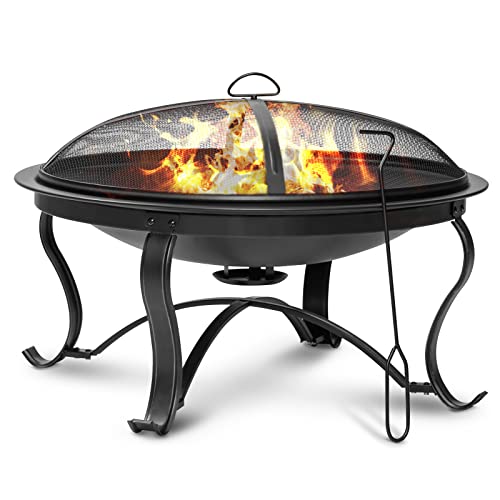 SINGLYFIRE 29 inch Fire Pits for Outside Firepit Outdoor Wood Burning Bonfire Pit Steel Firepit Bowl for Patio Backyard Camping,with Ash Plate,Spark Screen,Log Grate,Poker, bronze