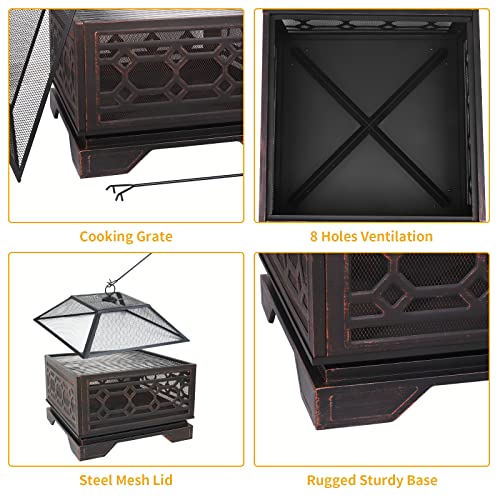 Hykolity 26" Outdoor Fire Pit Square with Cooking Grate