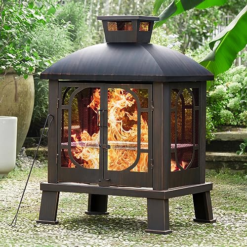 PAPABABE 45" Wood Burning Chimney Firepit for Backyard BBQ