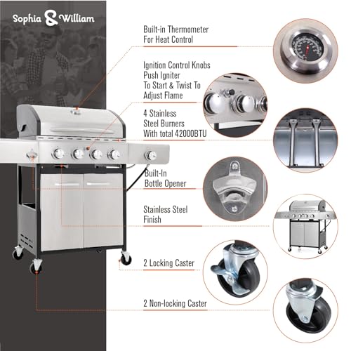 Sophia & William 4-Burner Gas BBQ Grill, Stainless Steel
