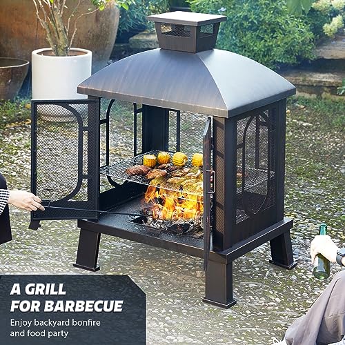 PAPABABE 45" Wood Burning Chimney Firepit for Backyard BBQ
