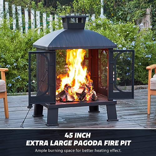 PAPABABE 45" Wood Burning Chimney Firepit for Backyard BBQ