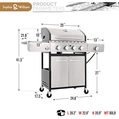 Sophia & William 4-Burner Gas BBQ Grill, Stainless Steel