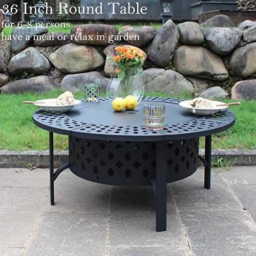 OutVue 36 Inch Fire Pit with 2 Grills & Round Table for Patio & Picnic