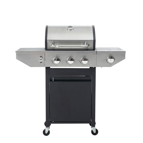 Stainless Steel BBQ Grill with Side Burner & Thermometer