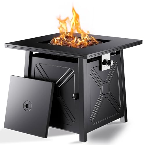 Ciays 28 Inch Gas Fire Pit Table, 50,000 BTU Propane Fire Pits for Outsides with Steel Lid and Lava Rock, 2 in 1 Square Firepit Table for Gatherings Parties on Patio Deck Garden Backyard
