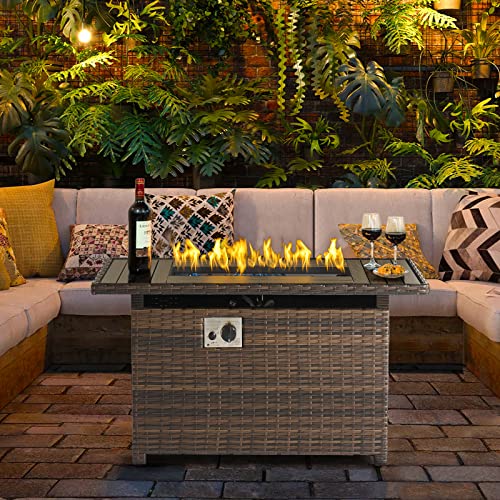 Aoxun Propane Fire Pit Table with Storage, 40 in CSA Propane Fire Table Rectangular, Auto Ignition Gas Fire Pit for Outside Patio Deck, Oxford Cover, Brown Wicker…