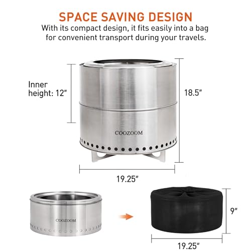 COOZOOM 19 Inch Large Smokeless Fire Pit with Stand Portable Stainless Steel Bonfire Pit Outdoor Wood Burning Firepit for Outside Patio Camping with Carry Bag