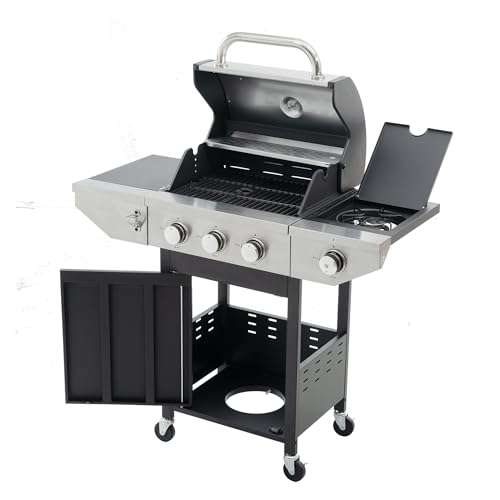Stainless Steel BBQ Grill with Side Burner & Thermometer