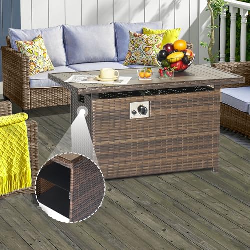Aoxun Propane Fire Pit Table with Storage, 40 in CSA Propane Fire Table Rectangular, Auto Ignition Gas Fire Pit for Outside Patio Deck, Oxford Cover, Brown Wicker…