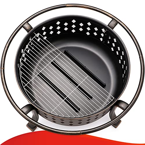 SINGLYFIRE 36 Inch Fire Pits for Outside Large Outdoor Wood Burning Crossweave firepit Heavy Duty Steel Bronze Bonfire Pit for Patio Backyard Garden with BBQ Grate,Spark Screen,Log Grate,Poker