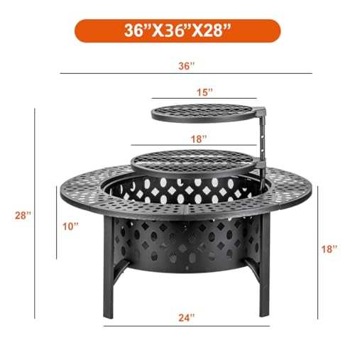 OutVue 36 Inch Fire Pit with 2 Grills & Round Table for Patio & Picnic