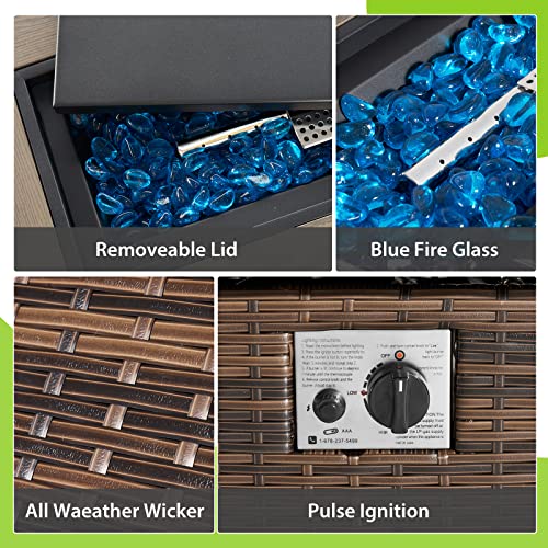 Aoxun Propane Fire Pit Table with Storage, 40 in CSA Propane Fire Table Rectangular, Auto Ignition Gas Fire Pit for Outside Patio Deck, Oxford Cover, Brown Wicker…