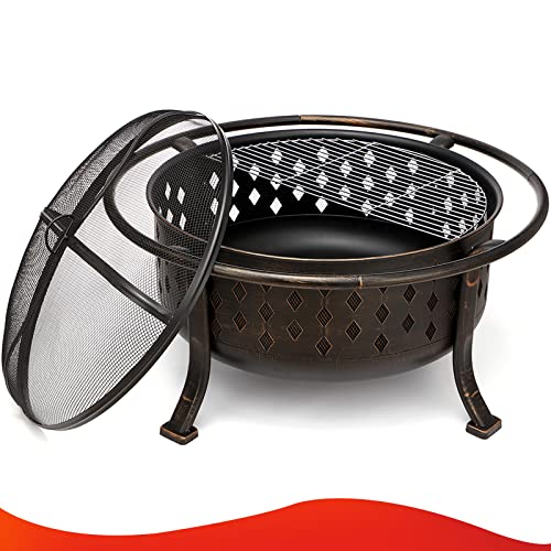 SINGLYFIRE 36 Inch Fire Pits for Outside Large Outdoor Wood Burning Crossweave firepit Heavy Duty Steel Bronze Bonfire Pit for Patio Backyard Garden with BBQ Grate,Spark Screen,Log Grate,Poker
