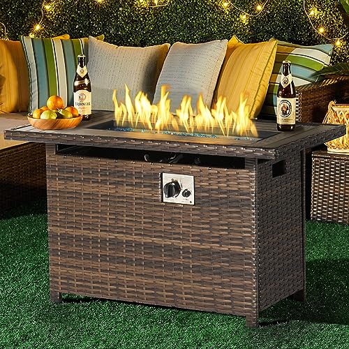 Aoxun Propane Fire Pit Table with Storage, 40 in CSA Propane Fire Table Rectangular, Auto Ignition Gas Fire Pit for Outside Patio Deck, Oxford Cover, Brown Wicker…