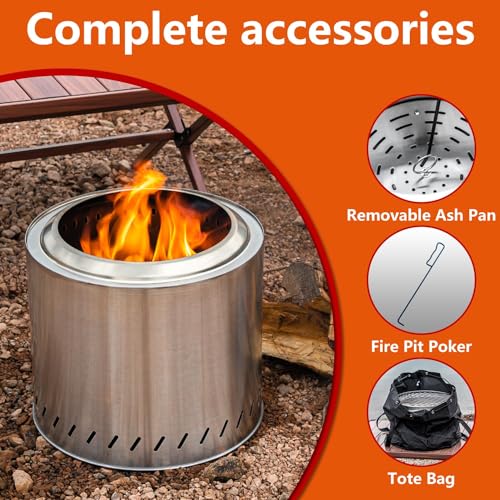 OutVue 15 inch Stainless Steel Smokeless Fire Pit, Portable Outdoor Smokeless Firepit, Wood Burning Fire Pits for Camping, Bonfire, Low Smoke Firepit for Outside(15 inch)
