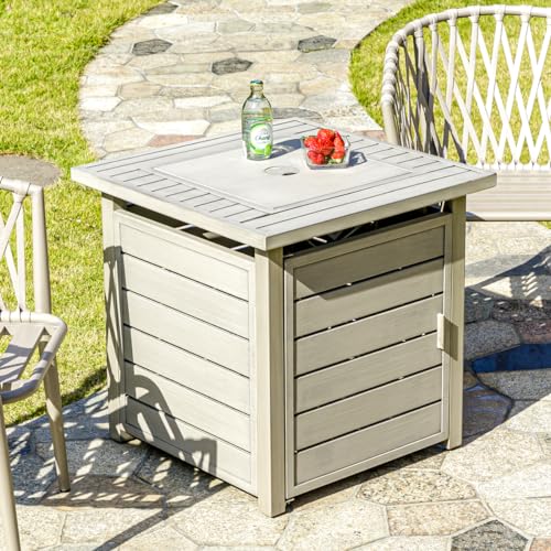 OutVue 28 Inch Propane Fire Pit Table, Outdoor Gas Fire Pits with Lid & Lava Rock, 50000 BTU Firepit for Dinning, Party in Outside, Patio, Garden or Yard (Grey)