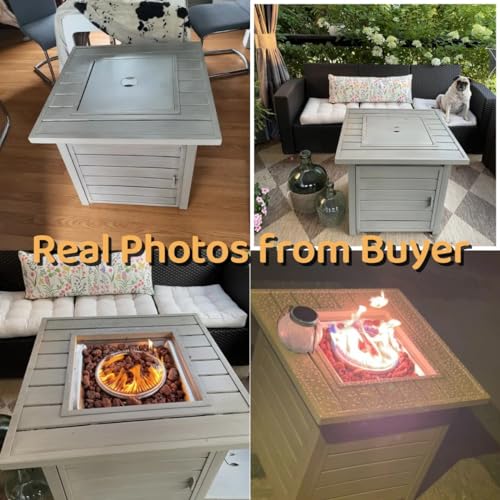 OutVue 28 Inch Propane Fire Pit Table, Outdoor Gas Fire Pits with Lid & Lava Rock, 50000 BTU Firepit for Dinning, Party in Outside, Patio, Garden or Yard (Grey)
