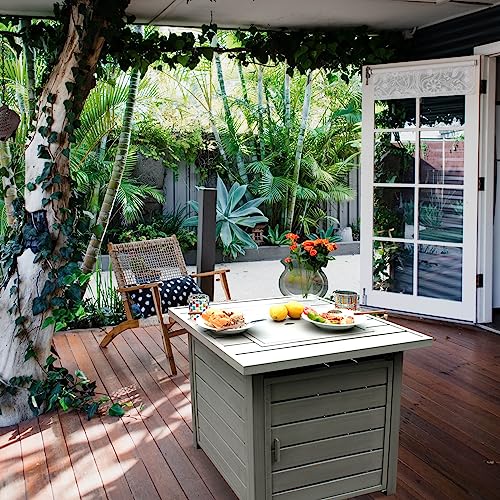 OutVue 28 Inch Propane Fire Pit Table, Outdoor Gas Fire Pits with Lid & Lava Rock, 50000 BTU Firepit for Dinning, Party in Outside, Patio, Garden or Yard (Grey)