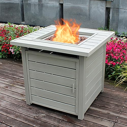 OutVue 28 Inch Propane Fire Pit Table, Outdoor Gas Fire Pits with Lid & Lava Rock, 50000 BTU Firepit for Dinning, Party in Outside, Patio, Garden or Yard (Grey)