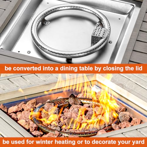 OutVue 28 Inch Propane Fire Pit Table, Outdoor Gas Fire Pits with Lid & Lava Rock, 50000 BTU Firepit for Dinning, Party in Outside, Patio, Garden or Yard (Grey)