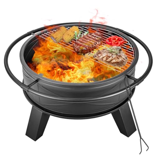 OutVue 32 inch Fire Pit for Outside with Grill, Heavy Duty Wood Burning Fire Pit, Wood Firepit with Log Grate & Waterproof Cover & Fire Poker & Mesh Screen for Outdoor, Picnic,Patio