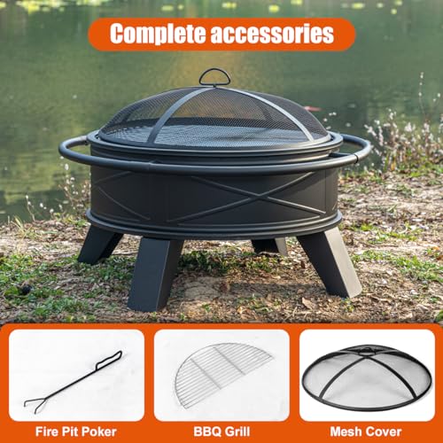 OutVue 32 inch Fire Pit for Outside with Grill, Heavy Duty Wood Burning Fire Pit, Wood Firepit with Log Grate & Waterproof Cover & Fire Poker & Mesh Screen for Outdoor, Picnic,Patio