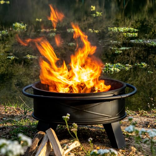 OutVue 32 inch Fire Pit for Outside with Grill, Heavy Duty Wood Burning Fire Pit, Wood Firepit with Log Grate & Waterproof Cover & Fire Poker & Mesh Screen for Outdoor, Picnic,Patio