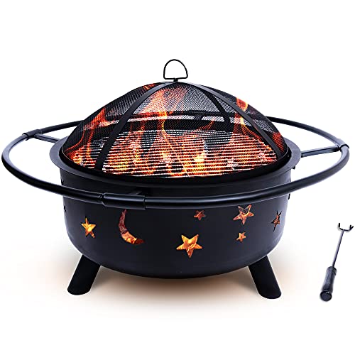 Project One Outdoor Fire Pit - 30 Inch Round Bonfire Wood Burning Patio & Backyard Firepit for Outside with Cooking BBQ Grill Grate, Spark Screen, and Fireplace Poker
