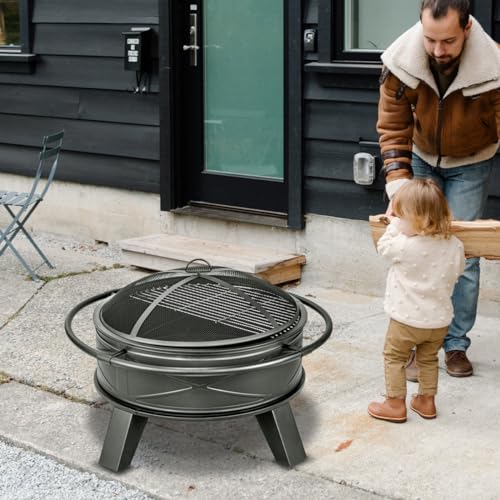 OutVue 32 inch Fire Pit for Outside with Grill, Heavy Duty Wood Burning Fire Pit, Wood Firepit with Log Grate & Waterproof Cover & Fire Poker & Mesh Screen for Outdoor, Picnic,Patio