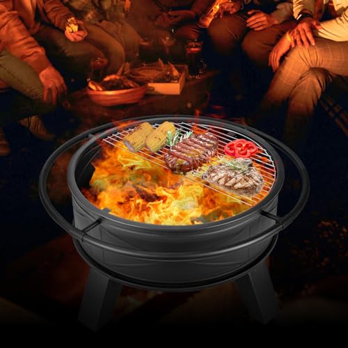 OutVue 32 inch Fire Pit for Outside with Grill, Heavy Duty Wood Burning Fire Pit, Wood Firepit with Log Grate & Waterproof Cover & Fire Poker & Mesh Screen for Outdoor, Picnic,Patio