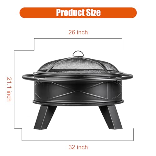 OutVue 32 inch Fire Pit for Outside with Grill, Heavy Duty Wood Burning Fire Pit, Wood Firepit with Log Grate & Waterproof Cover & Fire Poker & Mesh Screen for Outdoor, Picnic,Patio