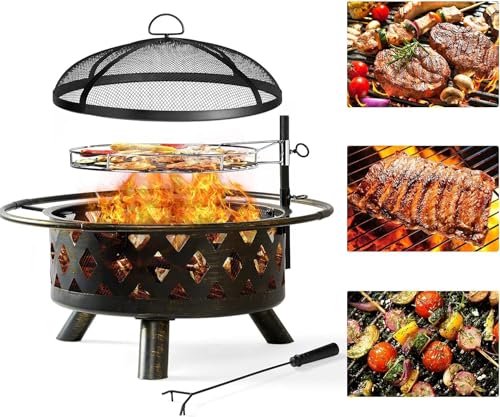 Aoxun 30in Fire Pit Grill Combo Outdoor Black