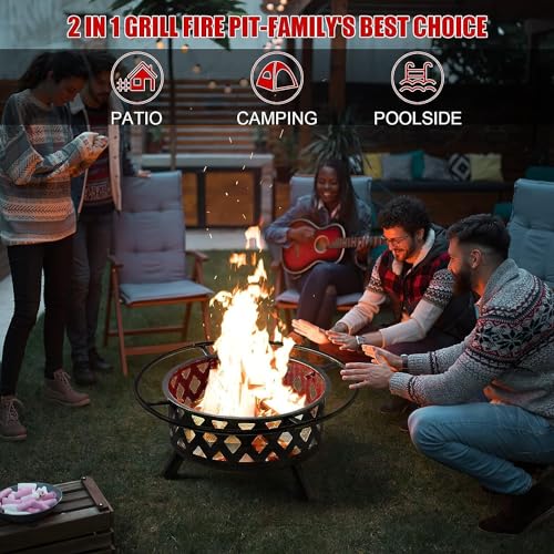 Aoxun 30in Fire Pit Grill Combo Outdoor Black