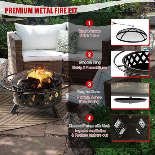 Aoxun 30in Fire Pit Grill Combo Outdoor Black