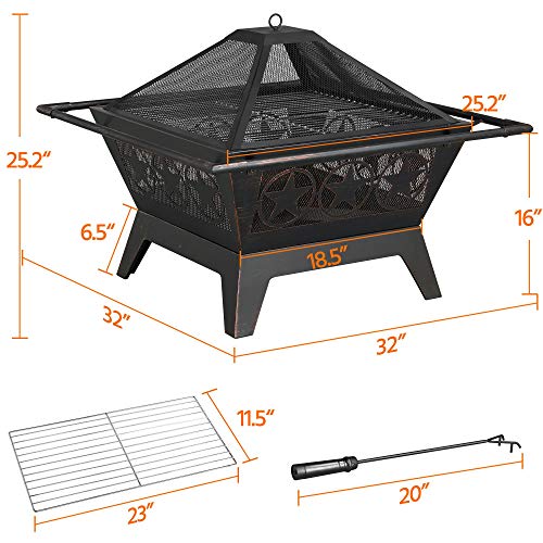 Yaheetech 32in Square Wood Burning Fire Pit Bonfire