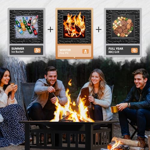 32in Square Metal BBQ Firepit Stove with Spark Screen