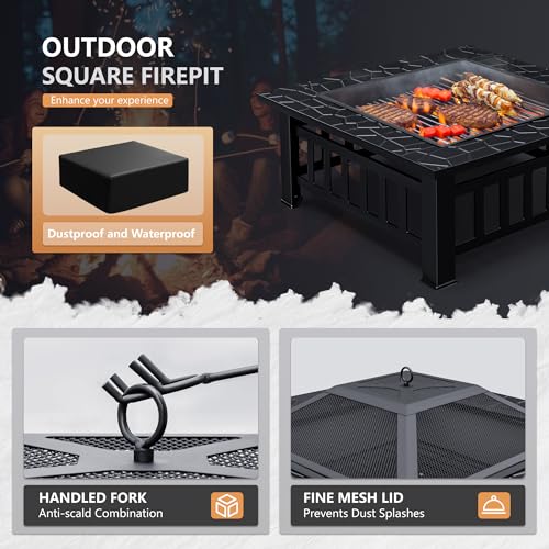 32in Square Metal BBQ Firepit Stove with Spark Screen