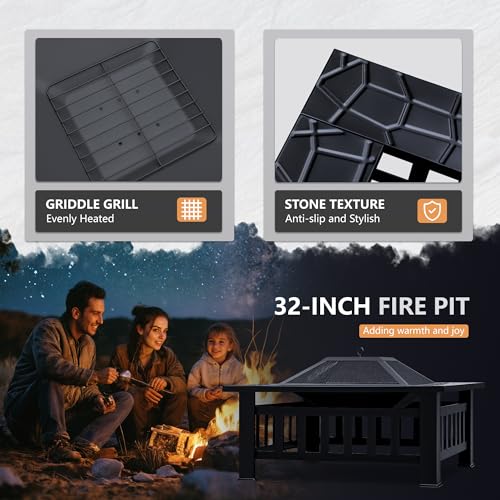 32in Square Metal BBQ Firepit Stove with Spark Screen