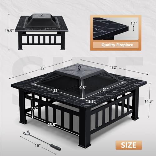 32in Square Metal BBQ Firepit Stove with Spark Screen