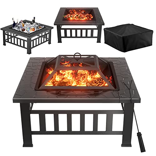 32in Square Metal BBQ Firepit Stove with Spark Screen