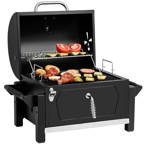Portable Charcoal Grill with Tabletop Cooking and Bottle Opener, Black