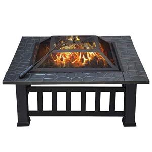 SINGLYFIRE 32 Inch Fire Pit Table for Outside Square Metal Firepit Outdoor Wood Burning Large Steel Bonfire Pit for Patio Backyard Garden with Waterproof Cover,Spark Screen,Log Grate,Poker
